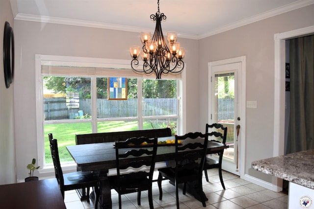 2905 Landon Ln, Texarkana, TX 75503 - dining area featuring light tile patterned floors, a chandelier, plenty of natural light, and crown molding
