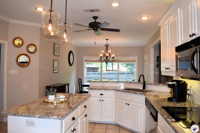 2905 Landon Ln, Texarkana, TX 75503 - kitchen featuring dishwasher, a ceiling fan, light tile patterned floors, a peninsula, and black electric stovetop