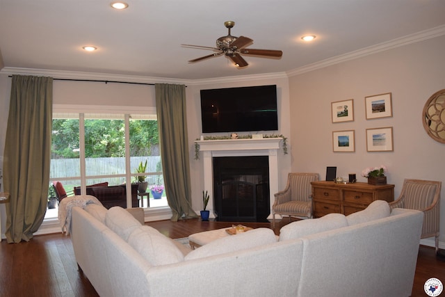 2905 Landon Ln, Texarkana, TX 75503 - living room featuring ceiling fan, crown molding, a fireplace, dark wood-style flooring, and recessed lighting