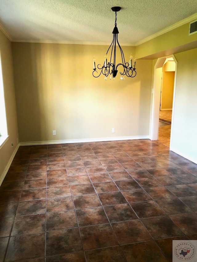 unfurnished room with a notable chandelier, crown molding, and a textured ceiling