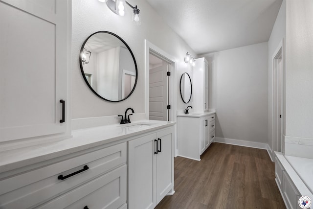 8409 Mandarin Cv, Texarkana, TX 75503 - bathroom featuring two vanities, wood finished floors, and a bathtub