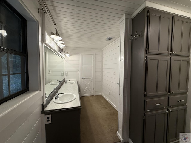 bathroom with vanity and wooden walls