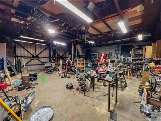 garage with a workshop area