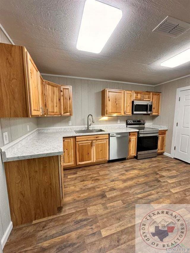 kitchen with sink, a textured ceiling, appliances with stainless steel finishes, and dark hardwood / wood-style flooring