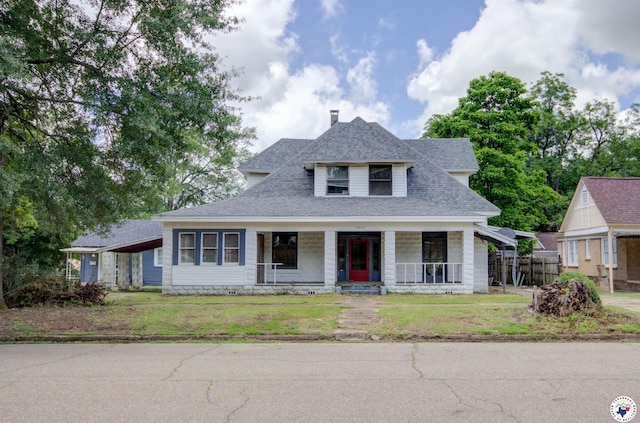 2101 Hazel St, Texarkana, TX 75501 - view of front facade featuring covered porch, a shingled roof, and a chimney