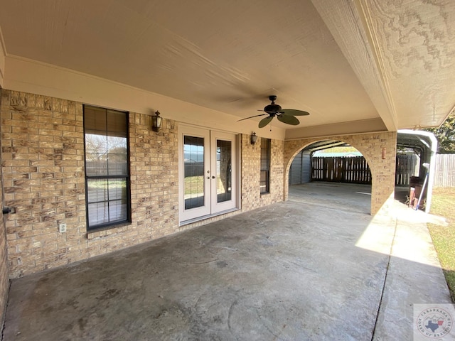 view of patio / terrace with ceiling fan and french doors