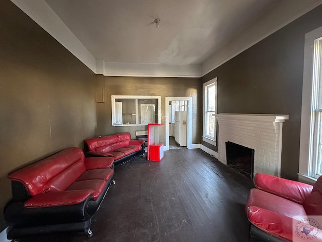 living room with a fireplace and dark hardwood / wood-style flooring