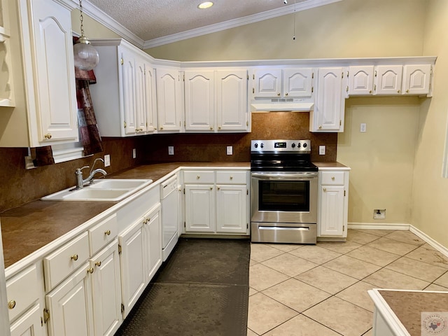 kitchen with under cabinet range hood, stainless steel electric stove, white dishwasher, light tile patterned flooring, and a sink