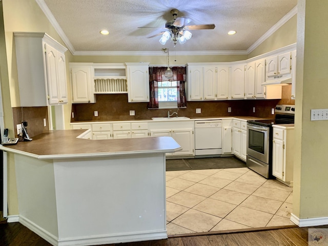 kitchen featuring under cabinet range hood, a sink, stainless steel electric range, a peninsula, and white dishwasher