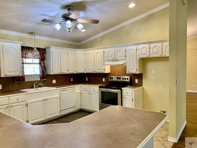 kitchen with electric stove, a sink, under cabinet range hood, white dishwasher, and vaulted ceiling