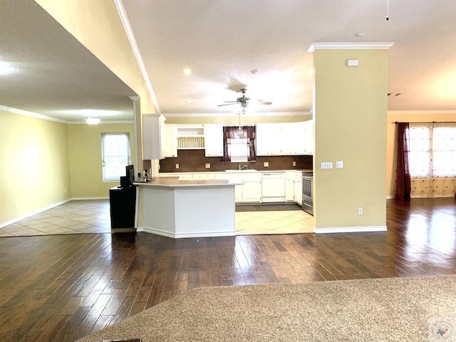 kitchen with a ceiling fan, electric stove, a sink, a peninsula, and white dishwasher