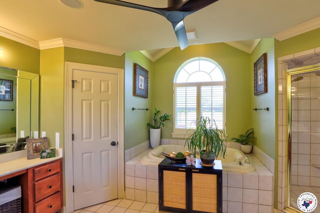 6632 Lakeridge Dr, Texarkana, TX 75503 - full bathroom with a shower stall, a bath, crown molding, tile patterned flooring, and vanity