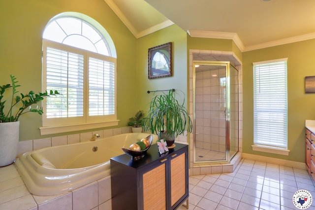 6632 Lakeridge Dr, Texarkana, TX 75503 - bathroom featuring ornamental molding, plenty of natural light, a stall shower, vaulted ceiling, and a bath