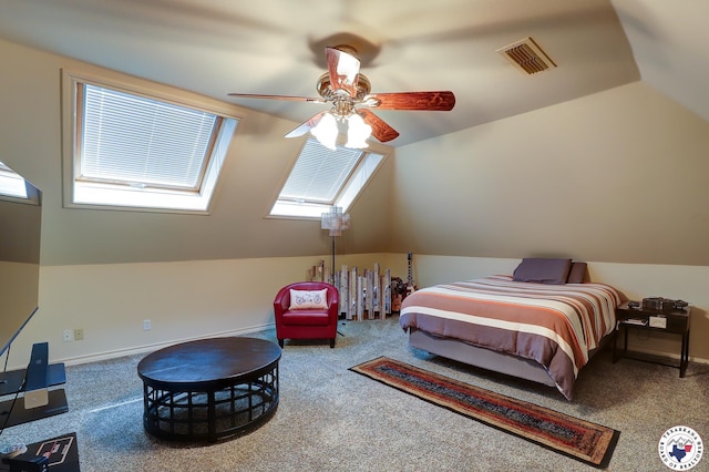 6632 Lakeridge Dr, Texarkana, TX 75503 - carpeted bedroom featuring vaulted ceiling, a skylight, and a ceiling fan