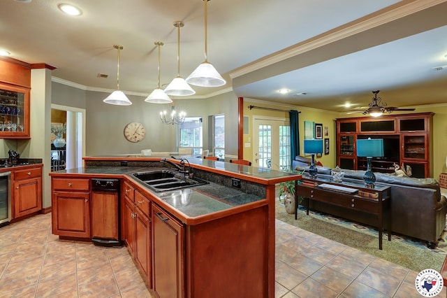 6632 Lakeridge Dr, Texarkana, TX 75503 - kitchen with a sink, open floor plan, crown molding, tile countertops, and a chandelier