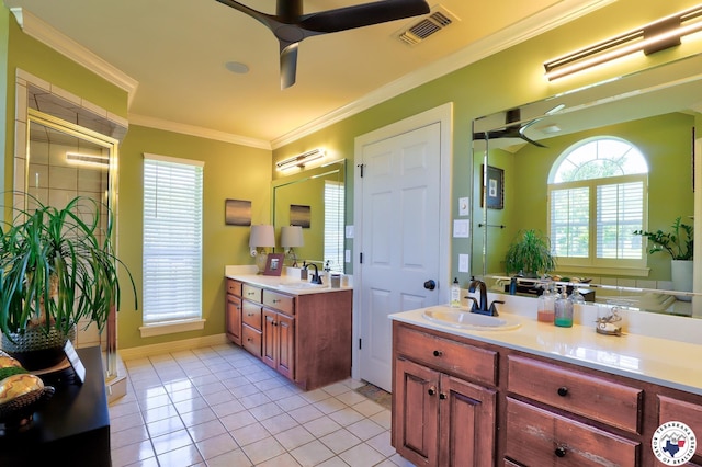 6632 Lakeridge Dr, Texarkana, TX 75503 - full bath with a ceiling fan, crown molding, a stall shower, vanity, and tile patterned floors
