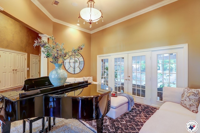 6632 Lakeridge Dr, Texarkana, TX 75503 - living area with french doors, ornamental molding, and carpet floors