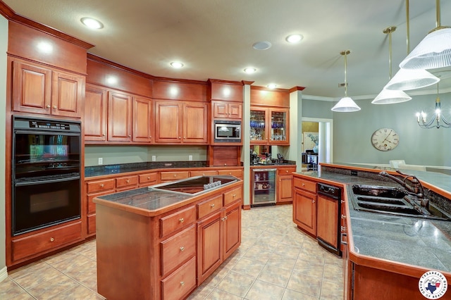 6632 Lakeridge Dr, Texarkana, TX 75503 - kitchen with wine cooler, a sink, black appliances, ornamental molding, and a center island