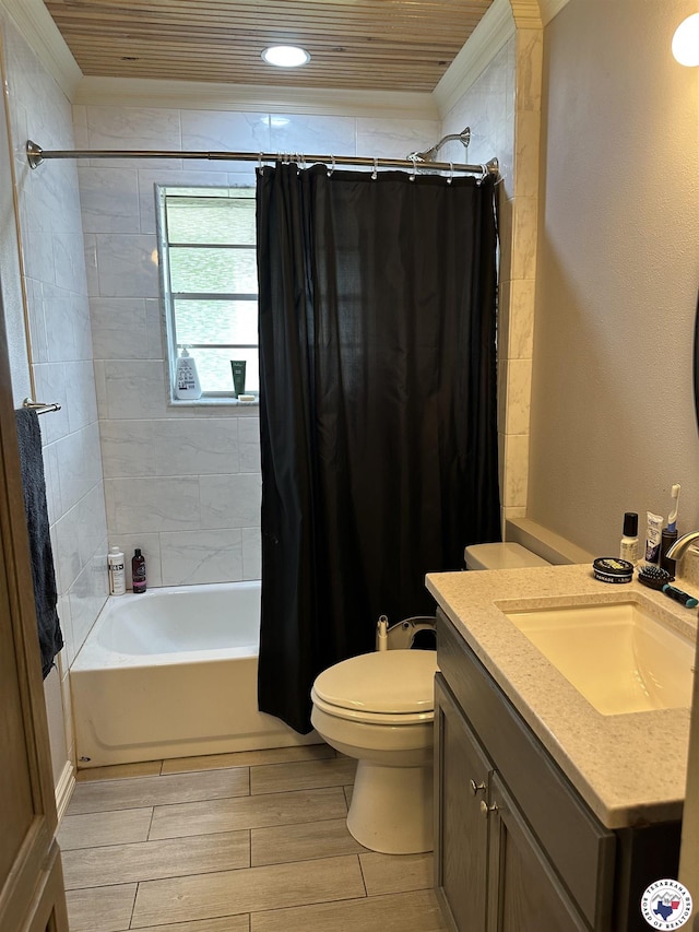 1002 Champion St, Texarkana, TX 75503 - bathroom featuring shower / tub combo, toilet, wood finish floors, vanity, and ornamental molding