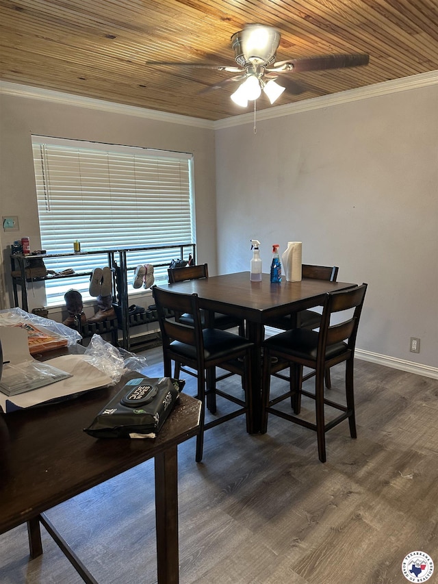 1002 Champion St, Texarkana, TX 75503 - dining area with wooden ceiling, a ceiling fan, wood finished floors, baseboards, and crown molding