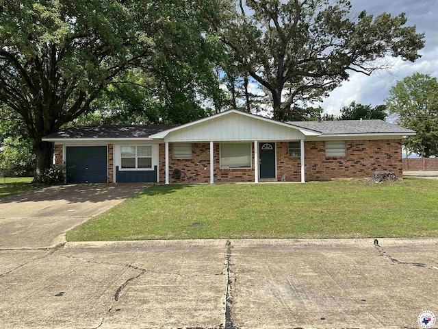 1002 Champion St, Texarkana, TX 75503 - ranch-style home with driveway, brick siding, a front lawn, an attached garage, and a porch