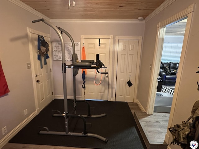1002 Champion St, Texarkana, TX 75503 - workout room featuring wood ceiling, baseboards, and crown molding