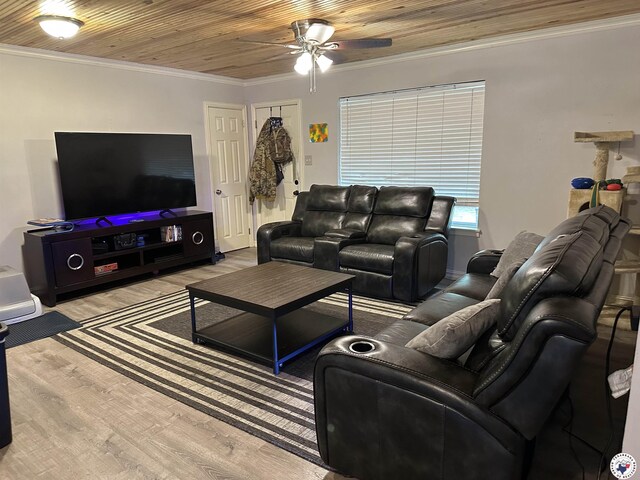 1002 Champion St, Texarkana, TX 75503 - living area with a ceiling fan, wooden ceiling, ornamental molding, and wood finished floors