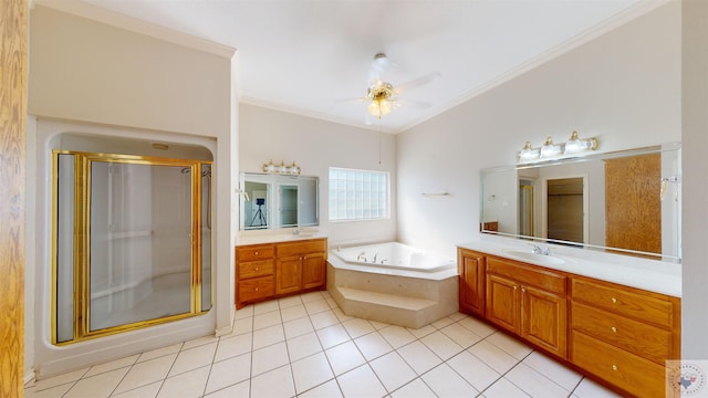 bathroom with tile patterned floors, vanity, ornamental molding, and plus walk in shower