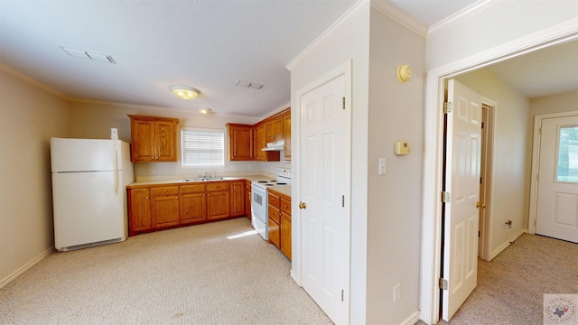 kitchen with sink, white appliances, and ornamental molding