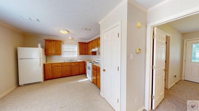 kitchen with sink, white appliances, and ornamental molding