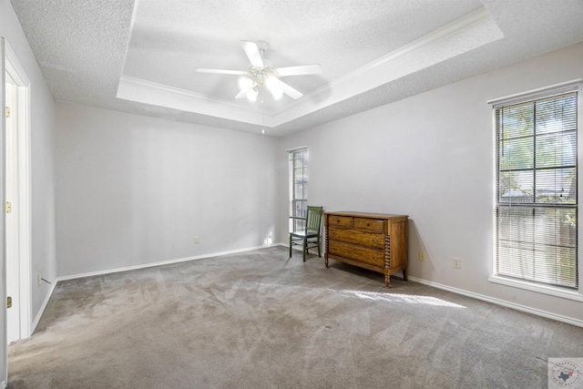 unfurnished room with ceiling fan, light colored carpet, a textured ceiling, and a tray ceiling