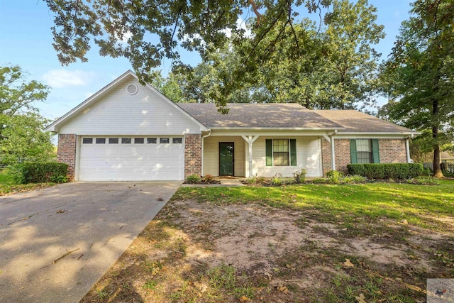 ranch-style home with a garage and a front lawn