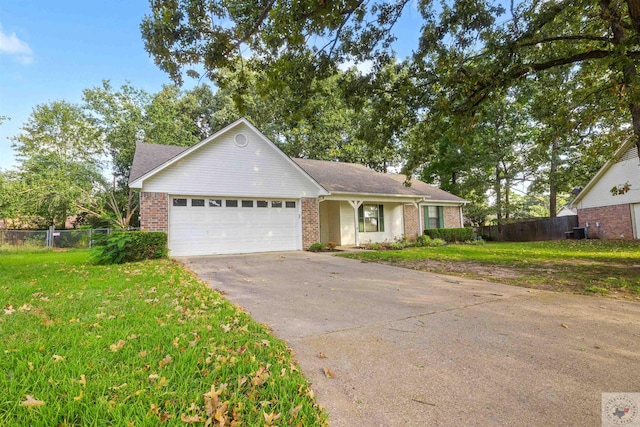 view of front facade featuring central AC, a garage, and a front lawn