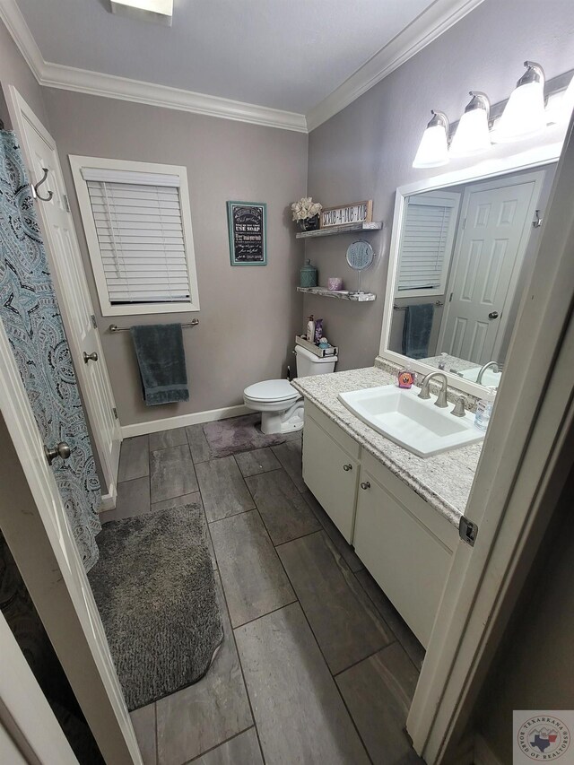 bathroom with toilet, vanity, and crown molding