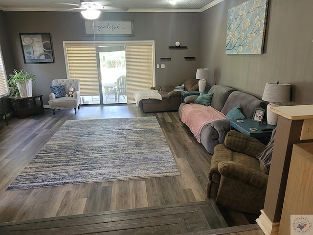 living room featuring ceiling fan, ornamental molding, dark wood-type flooring, and a textured ceiling