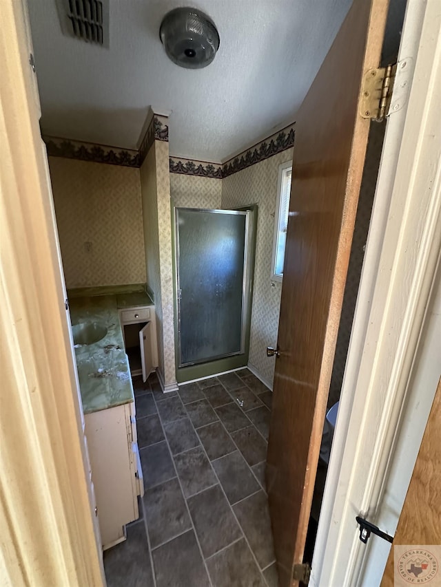 bathroom featuring vanity, a textured ceiling, and a shower with door