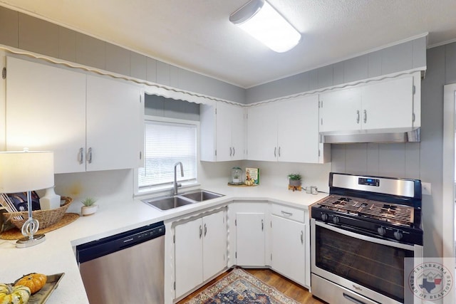 kitchen with sink, light wood-type flooring, white cabinetry, and stainless steel appliances