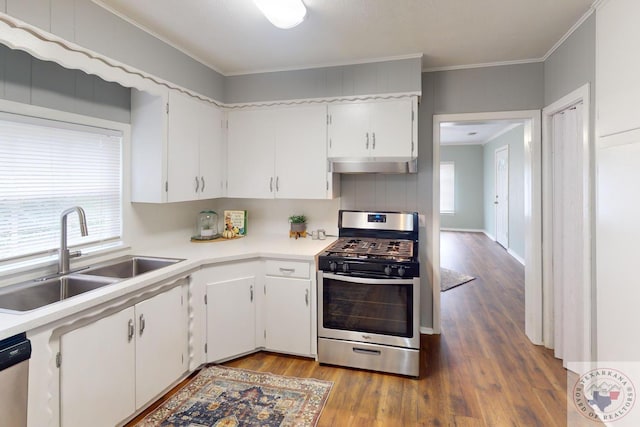 kitchen with crown molding, appliances with stainless steel finishes, hardwood / wood-style floors, white cabinetry, and sink