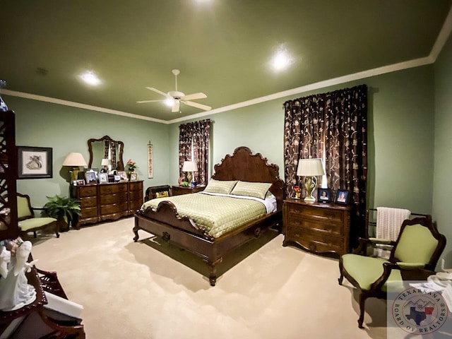 bedroom with carpet floors, ceiling fan, and crown molding