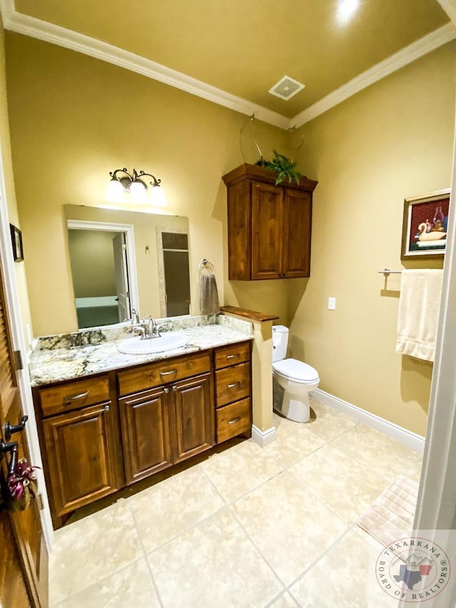 full bathroom with visible vents, toilet, ornamental molding, vanity, and tile patterned flooring