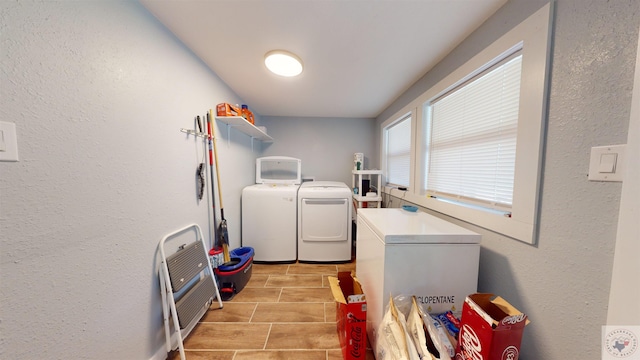 washroom with heating unit and washing machine and dryer