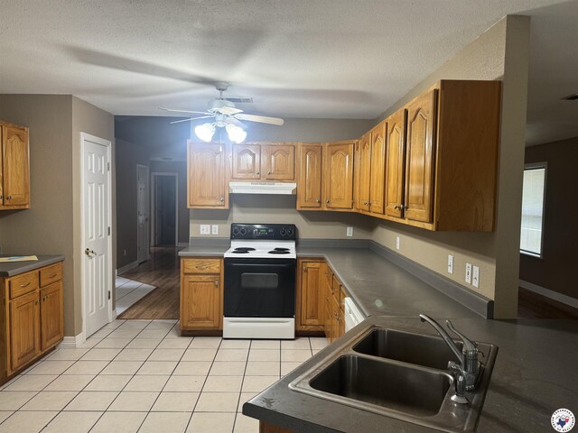 11 Quail Creek Dr, Fouke, AR 71837 - kitchen featuring light tile patterned flooring, ceiling fan, a sink, electric stove, and under cabinet range hood