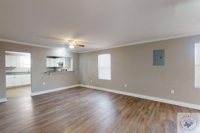 unfurnished living room with electric panel, wood finished floors, baseboards, and ornamental molding