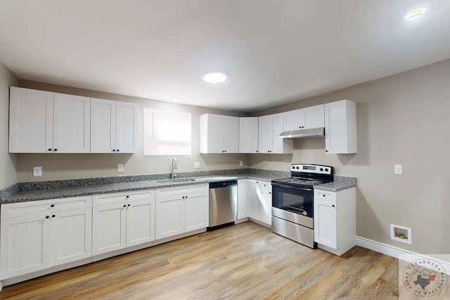 kitchen featuring a sink, stainless steel appliances, under cabinet range hood, white cabinetry, and light wood-type flooring