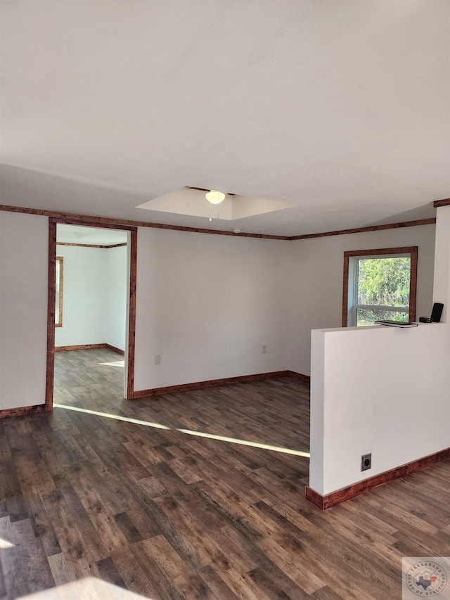 empty room with crown molding, dark wood-type flooring, and a tray ceiling