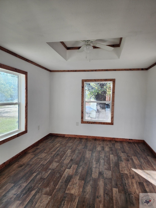 unfurnished room with ceiling fan, dark wood-type flooring, ornamental molding, and a raised ceiling