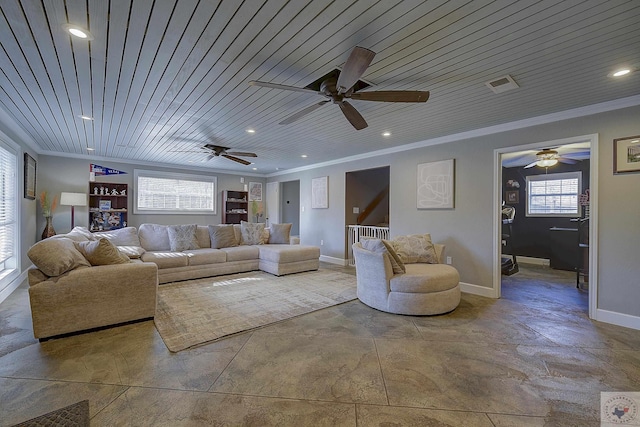 unfurnished living room with crown molding and wood ceiling