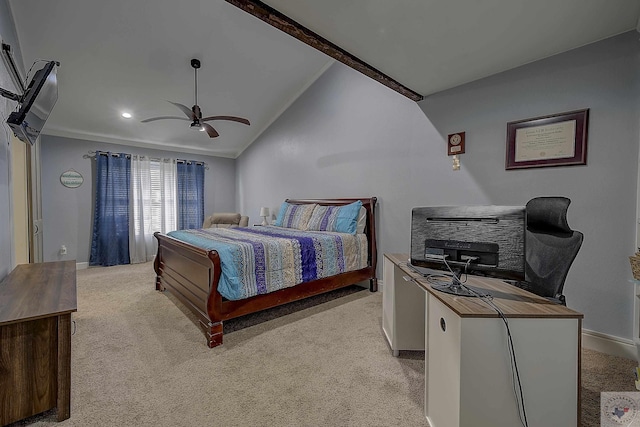 carpeted bedroom featuring lofted ceiling and ceiling fan