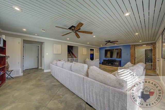 living room featuring crown molding and wooden ceiling