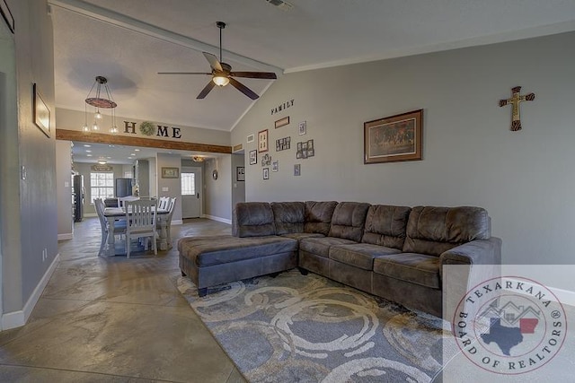 living room with ceiling fan, concrete floors, and lofted ceiling